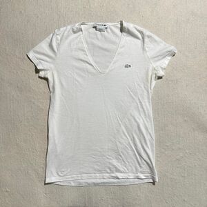 Lacoste Women's 36 Preppy White V-Neckline Logo T-shirt